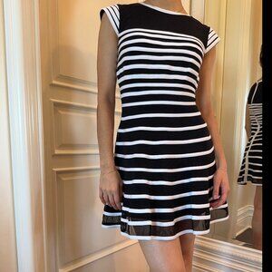 Betsy & Adam A-Line Cap Sleeve Striped Flared Mini Dress